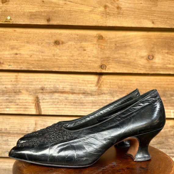 Antique Edwardian black leather shoes with black … - image 9