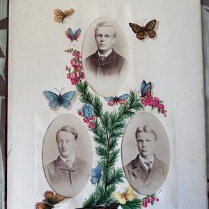 Victorian floral & butterfly photo album page with original photos, photo mount