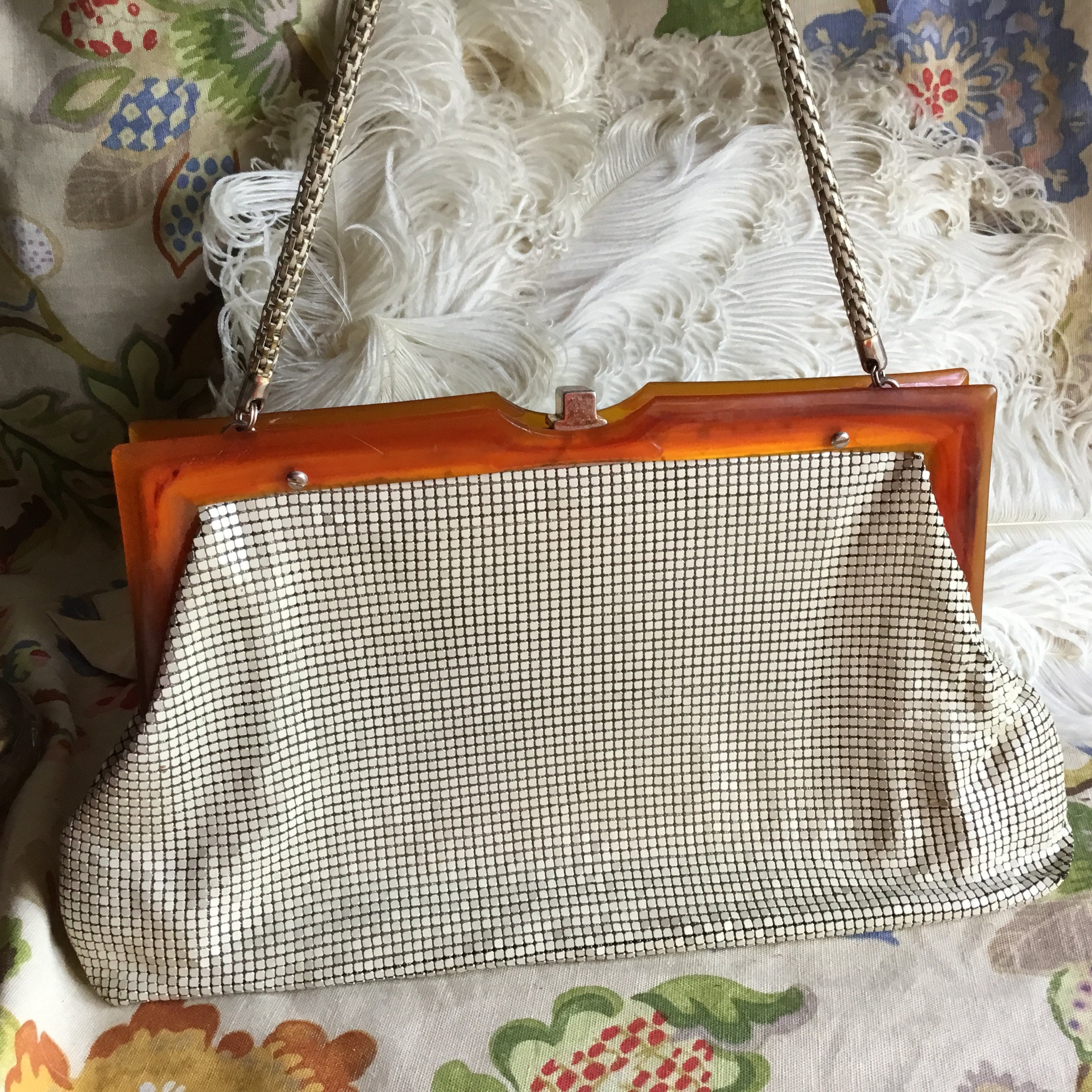 ヴィンテージ グロメッシュ バッグ クリーム チェーン メール