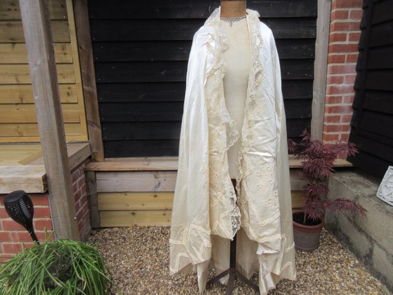 Antique Edwardian wedding cape long Cream satin w… - image 1