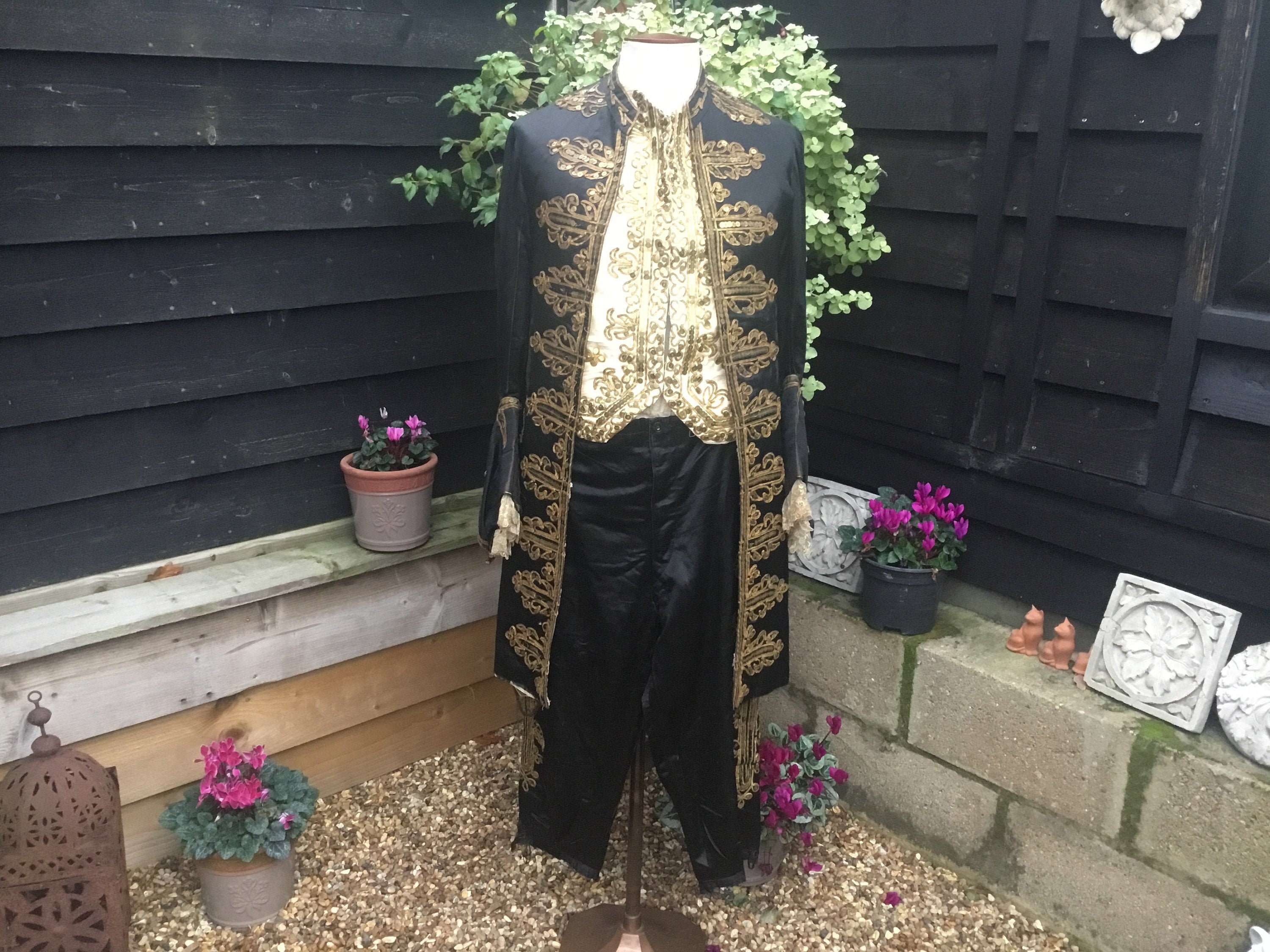 Image of Antique Black Silk Frock Coat, Waistcoat & Breeches With Gold Metallic Sequin & Soutache Decoration Goldsworthy Bath Buttons
