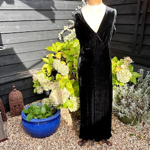 Vintage 1930s black velvet bias cut evening dress full length sleeveless