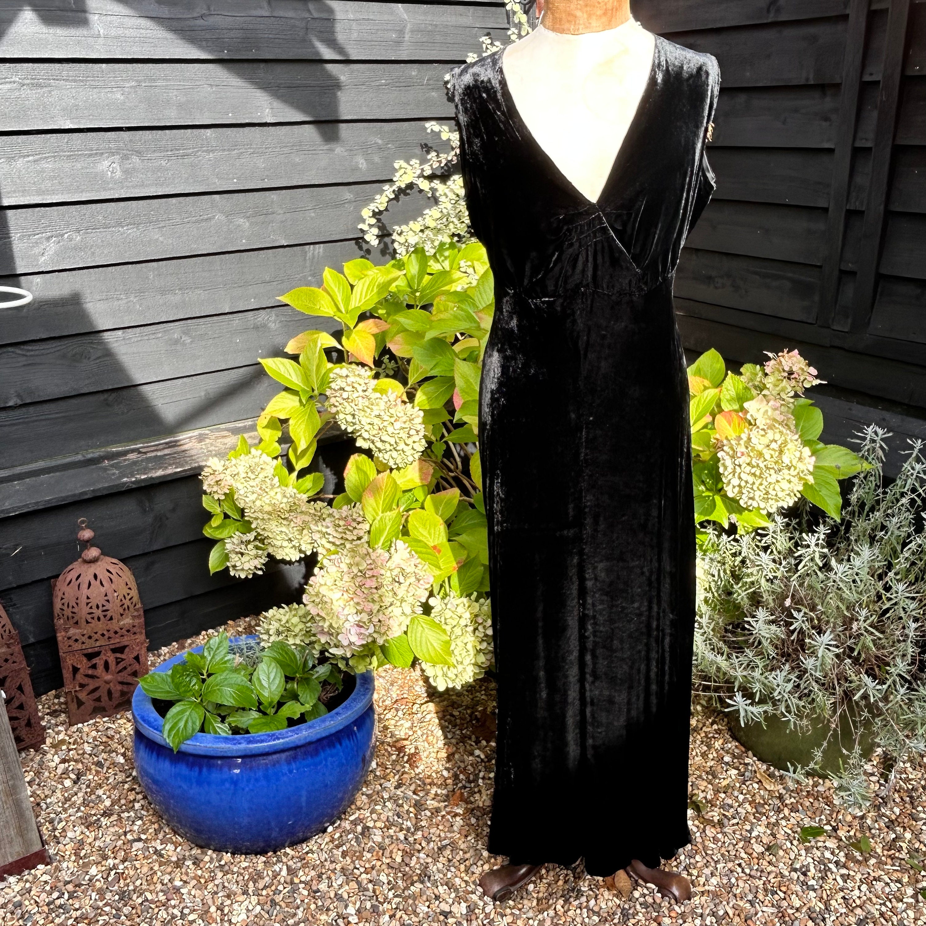 Vintage 1930s black velvet bias cut evening dress full length sleeveless