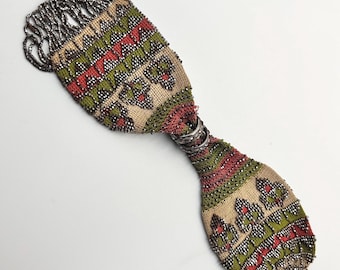 Antique misers purse cut steel beading and fringe green, red & beige 19 cm