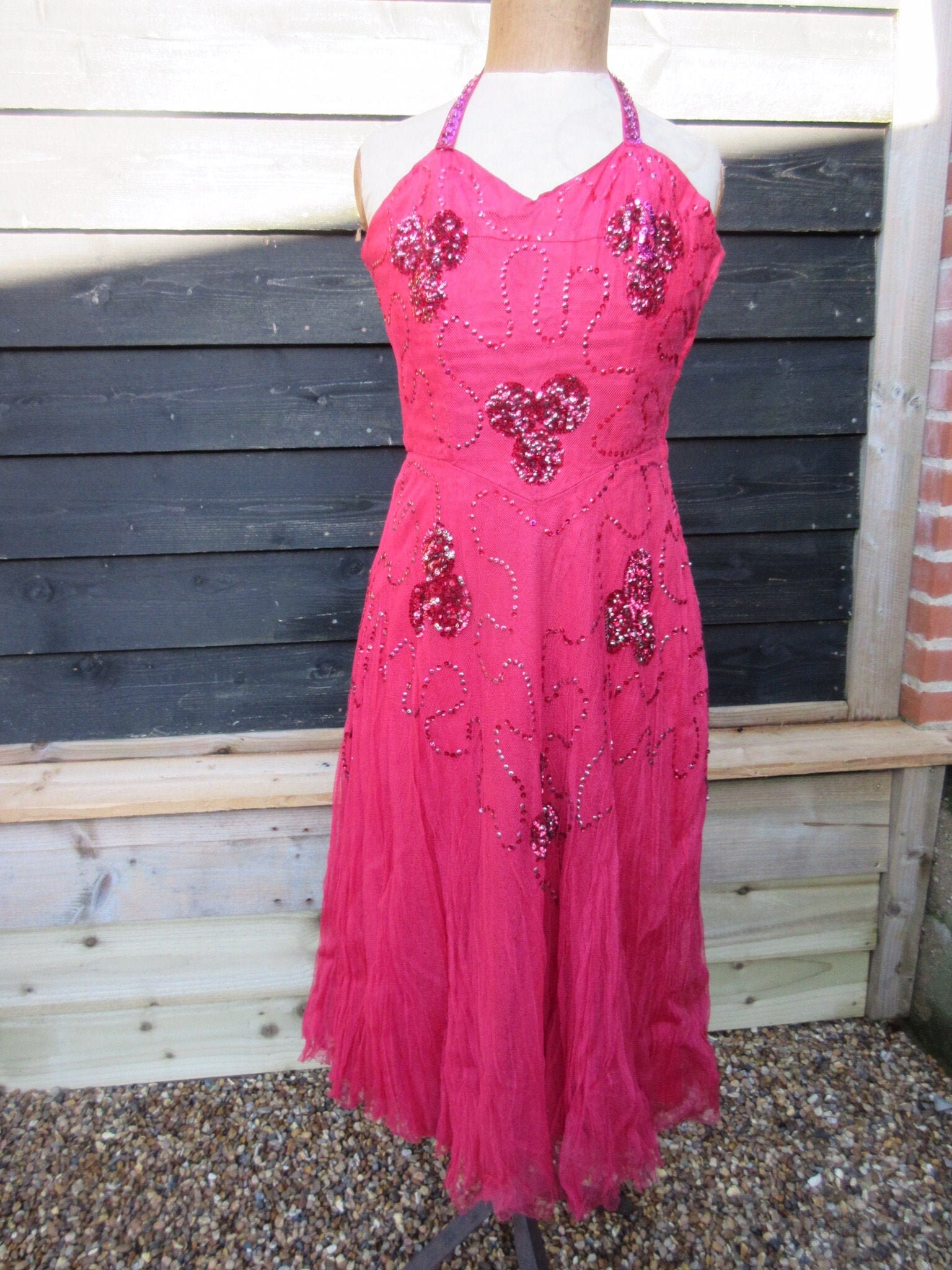 Image of Vintage S Boned Bodice With Full Tulle Skirt Dress Sleeveless Halter Neck Raspberry Pink