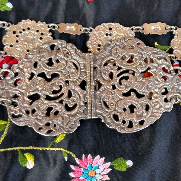 Reserved for Saori- Antique vintage chatelaine nurses belt wedding belt epns floral cherub grotesque masks design 66.5cm waist