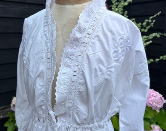 antiguo eduardiano bordado camisón de algodón blanco camisón ropa de dormir con corpiño y puños broderie anglaise