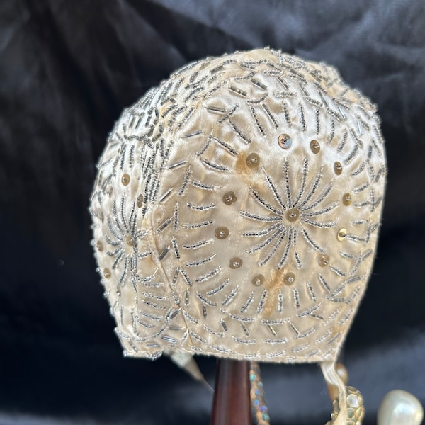 Antique baby bonnet ivory sequin & beaded bonnet new born 1920s completely hand sewn or large doll cap