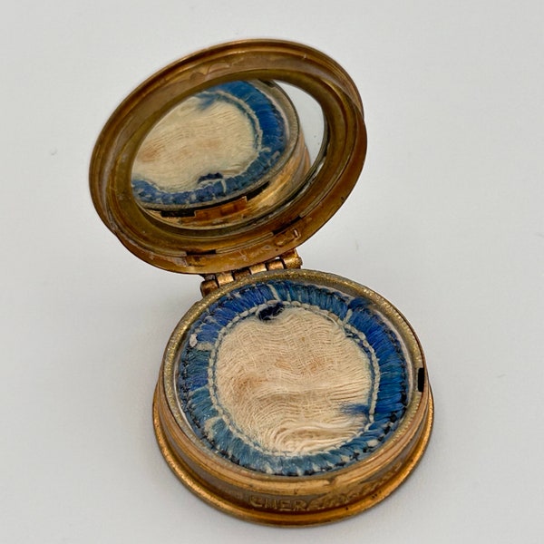 Vintage Small 29mm brass & blue Cheramy Paris powder compact with powder and original puff, mirror inside lid doll compact ideal gift