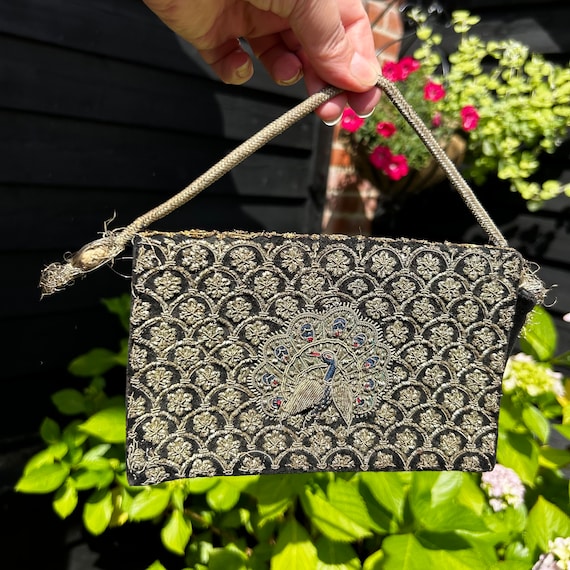 VINTAGE / ANTIQUE Zardozi goldwork handbag, beaded black velvet