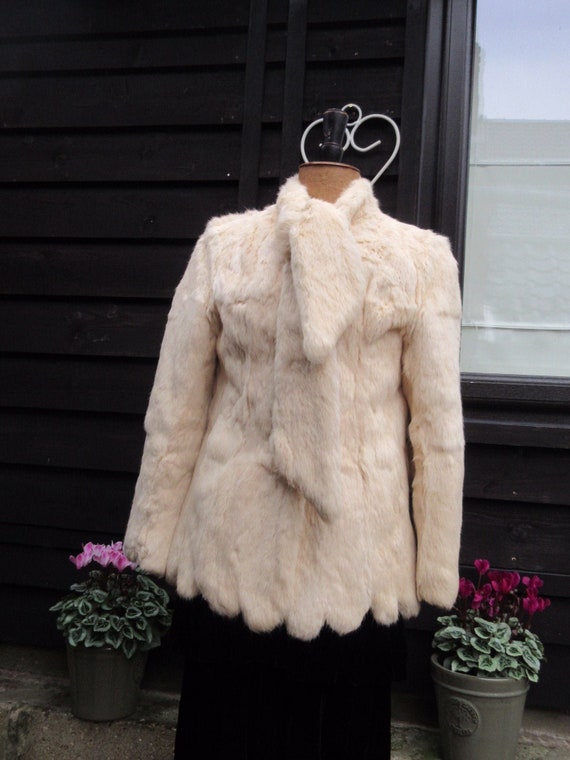 Vintage cream fur jacket scallop hem, tie scarf ne