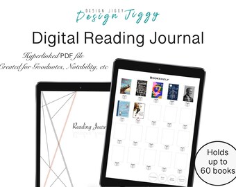 May include: A digital reading journal template for Goodnotes and Notability. The template is displayed on a tablet screen and features a bookshelf with space for up to 60 books. The template is hyperlinked and includes a geometric design.