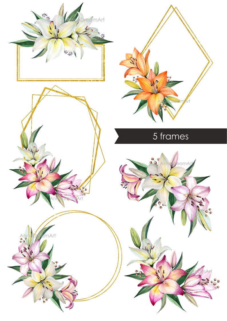 Lily Flowers. Watercolor Flower Bouquets.Frame Clipart. Etsy