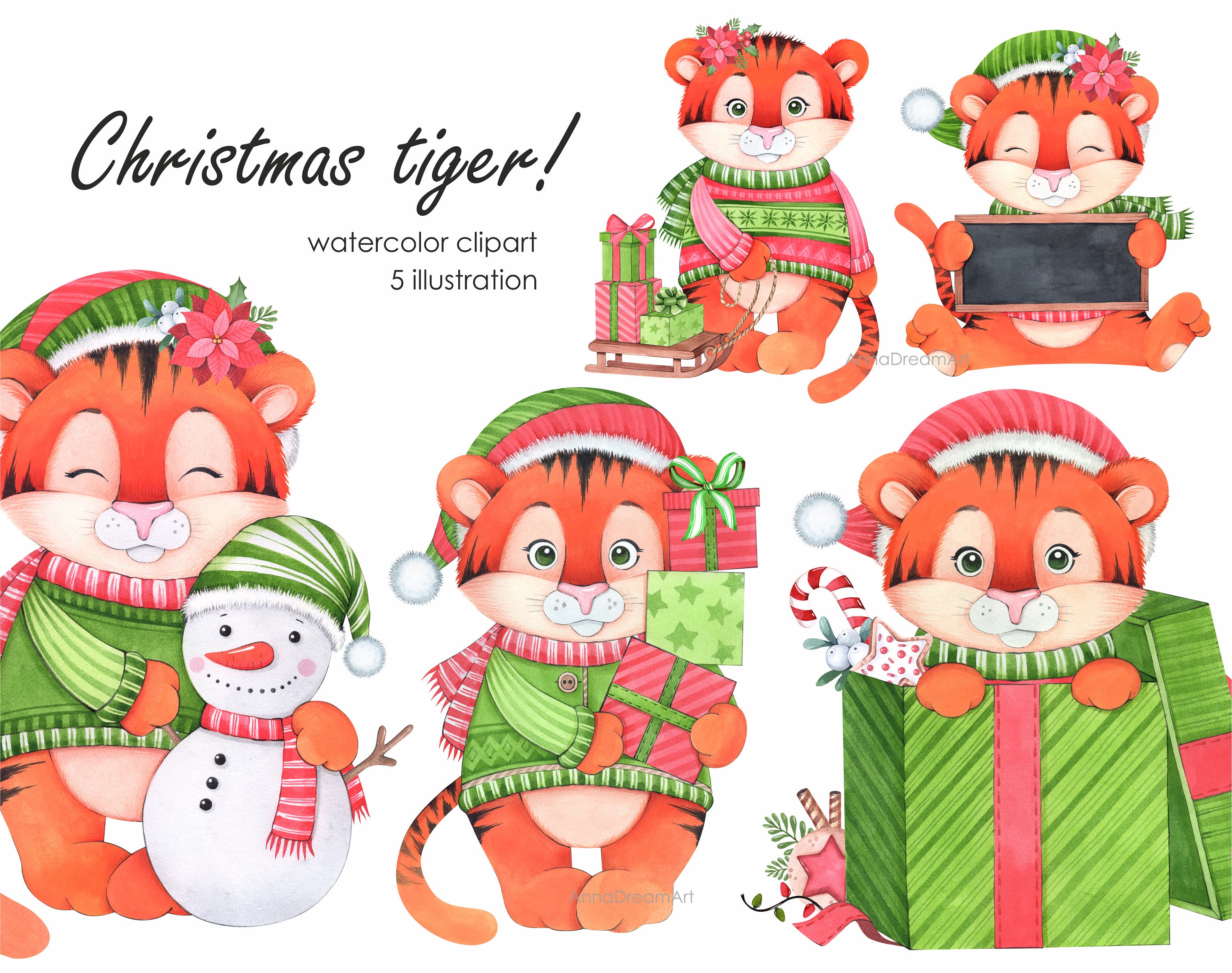 Clipart Weihnachten 2022 Süßer Weihnachtstiger. Aquarell Weihnachten Clipart. Symbol Etsy