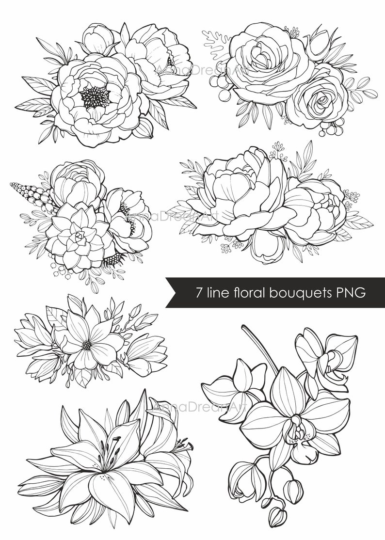 Flower line art. Pencil sketch. Wedding line bouquets. line Etsy