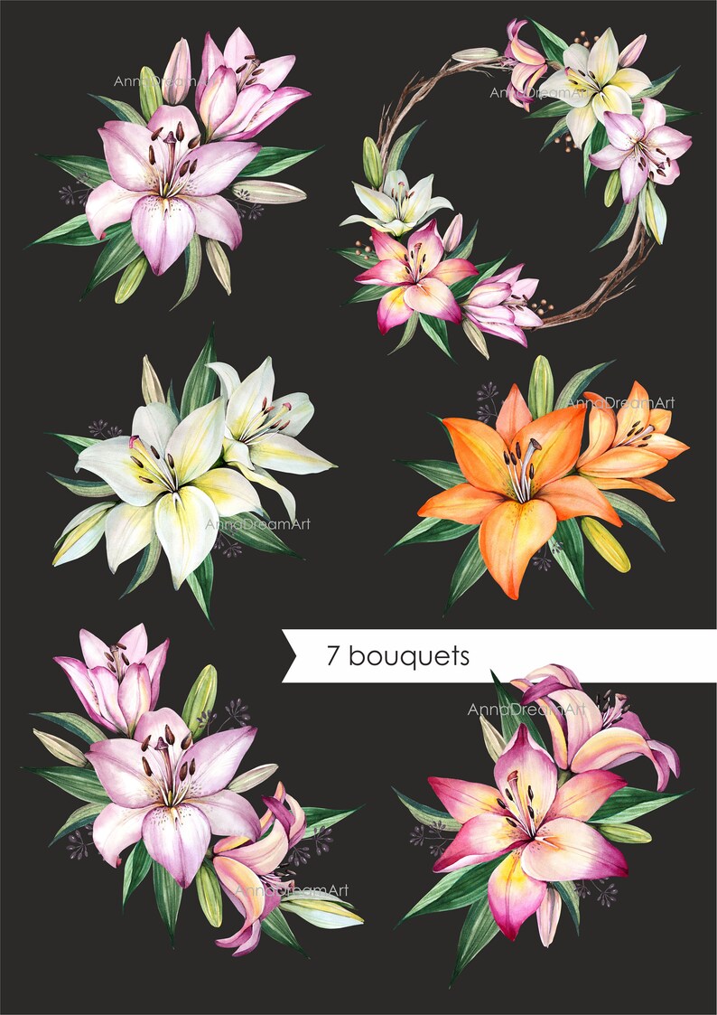 Lily Flowers. Watercolor Flower Bouquets.Frame Clipart. Etsy