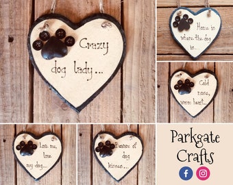 Hand Painted Dog Love 4.5&quot; Slate Hanging Heart - Personalise your own!