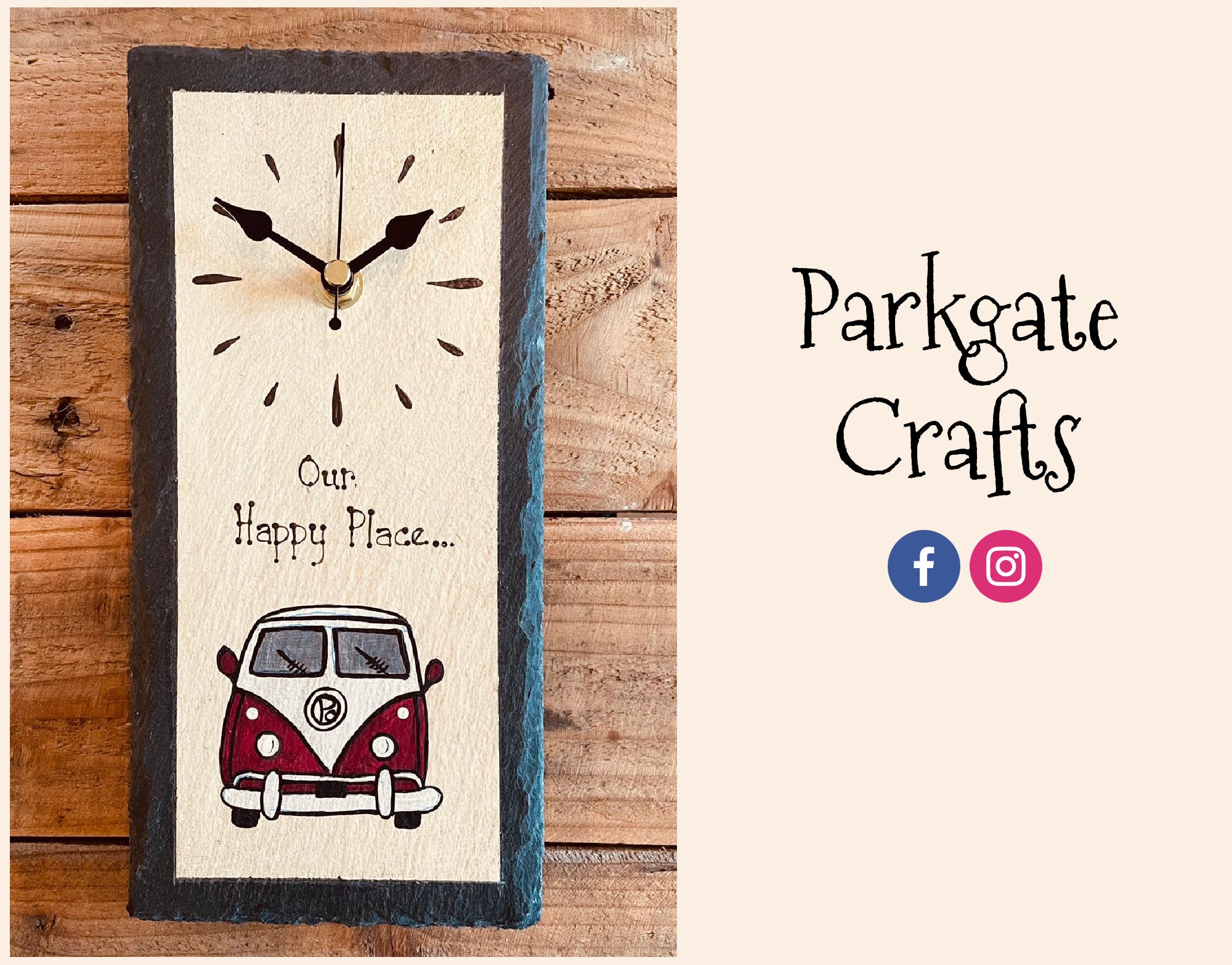 Our Happy Place - Hanging Campervan Slate Clock - Personalise your own!