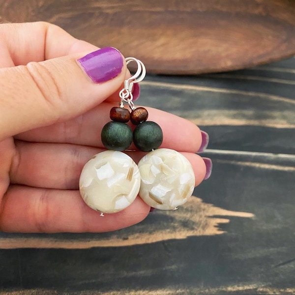 Earthy shell drop earrings, shell resin boho dangles, wood and shell earrings, dark green wood white, rustic minimalist simple drops