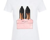 JIMMY CHOO London high heels, women 39 s or unisex digital printed t-shirt. Washable, durable white printed t-shirt
