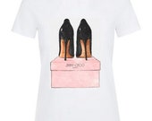 London high heels, women 39 s or unisex digital printed t-shirt. Washable, durable white printed t-shirt