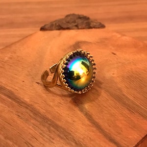 Vintage Swarovski Jet Aurora Borealis, 18mm Crystal Ring, Shiny Brass Crown Setting, Adjustable, Art 2090/4, Boho, Bohemian