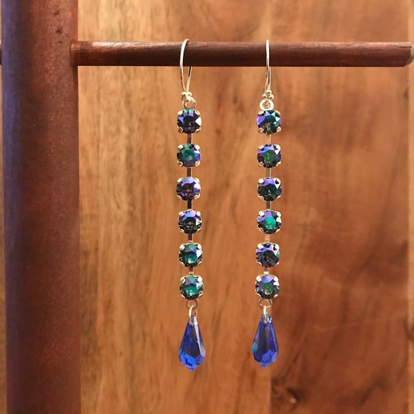 Swarovski Chaton Earrings in "Got Da Blues" with Blue Sapphire AB Briolettes, Sterling Silver, 1088, Boho, Bohemian