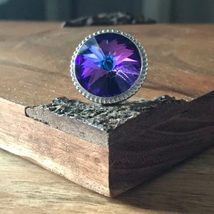 Rare Heliotrope Swarovski Rivoli Ring, Art. 1122, 18mm, Sterling Silver, Size 7, Boho, Bohemian
