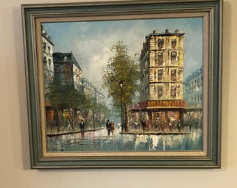 Vintage Original Impressionist Style Oil Painting Paris Street and cafe singed by T. Carson
