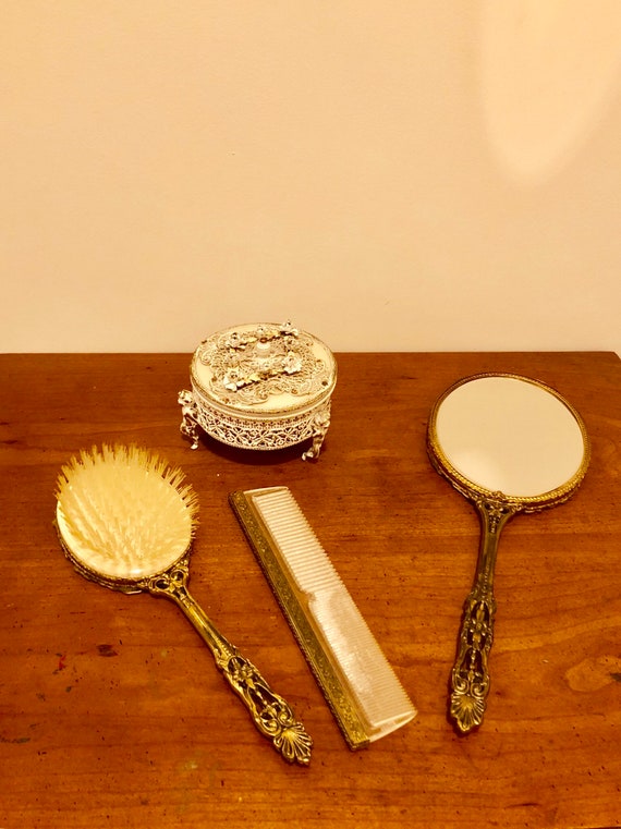 Vintage Gold Tone Brush And Mirror Dresser Vanity Set With Etsy