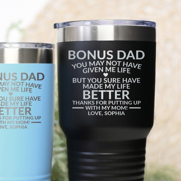 Step Dad Tumbler, Step Dad Fathers Day Gift From Daughter Son Kids, Bonus Dad Gift, Personalized Stepdad Travel Mug Funny Christmas Cup T463