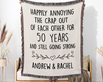 50th Wedding Anniversary Gift For Parents Couples, 50th Anniversary Blanket, Personalized Funny 50 year Golden Wedding Gift Woven Throw B213