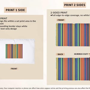 May include: A white pillowcase with a colorful striped design in the center. The design features vertical stripes in various colors, including red, orange, yellow, green, blue, and purple. The image also shows a pillowcase with the same design printed on both sides.