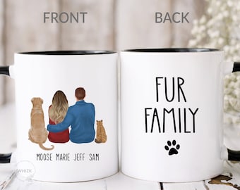 Couple With Pets Mug, Couples Gift, Fur Family With Dogs Cats Family Christmas Portrait Personalized Dog Dad Cat Mom Fiance Husband Cup M910