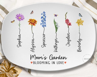 Moms Garden Platter, Mom Gift For Mom Plate With Kids Names, Mothers Day Gift From Daughter Son Personalized Mommy Birth Flower Serving D006