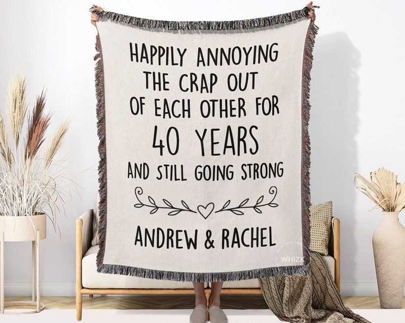 40th Wedding Anniversary Gifts For Parents Husband, 40th Anniversary Blanket, Personalized Couples Woven 40 Year Ruby Anniversary Gift B212 image 1