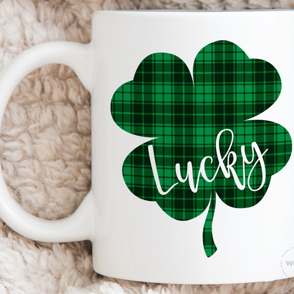 St. Patrick's Day Gift Lucky Green Plaid 4 Leaf Clover Mug Good Luck Mug Irish Gifts Irish Coffee Mug St. Patrick's Cup Shamrocks