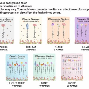 May include: A chart showing six different background colors for a personalized garden blanket. The colors are white, cream, peach, lilac, light blue, and mint. The chart also shows the number of names that can be included on each blanket, ranging from 1 to 20 names.