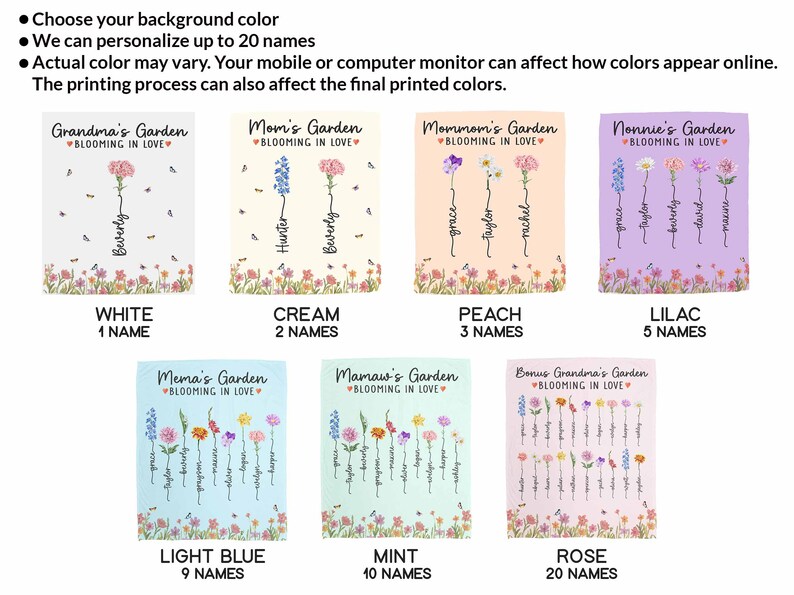 May include: A chart showing six different background colors for a personalized garden blanket. The colors are white, cream, peach, lilac, light blue, and mint. The chart also shows the number of names that can be included on each blanket, ranging from 1 to 20 names.