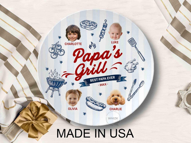 Papa's Grilling Plate, Personalized Papa Photo BBQ Platter With Kids Face, Grandpa Fathers Day Gift From Grandkids D048 J image 2