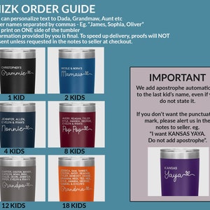 May include: A guide for ordering personalised tumblers with different names and titles. The guide shows examples of tumblers with different colours and names for 1, 2, 4, 8, 12, and 18 kids. The text includes the words "Grammie", "Mamaw", "Nonnie", "Pop Pop", "Grandpa", and "Grandma".