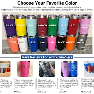 May include: A selection of 14 different coloured stainless steel tumblers with various colour names printed on them. The colours include purple, yellow, teal, maroon, green, light blue, red, light purple, coral, white, blue, navy, pink, black, orange, and not available. The tumblers are arranged in two rows of seven. The text "Choose Your Favorite Colour" is at the top of the image. The text "Rave Reviews For Whizk Tumblers" is below the tumblers.