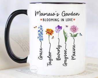 Mamaw Mug With Grandkids Names, Mamaw Gift For Grandma Garden Mug, Mothers Day Gift, Personalized Mother In Law Cup, Mom Birth Flower M888