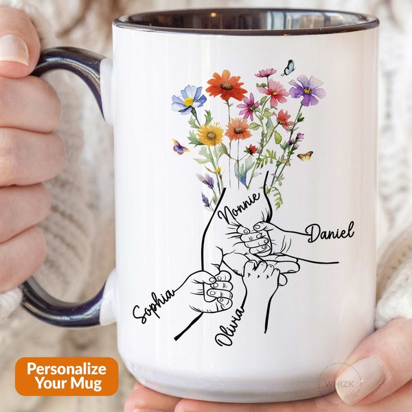 Nonnie Mug Holding Hands, Nonnie Gift Nonny Nonni Mothers Day Gift For Italian Grandma Coffee Mug With Grandkids Names Personalized Cup P257