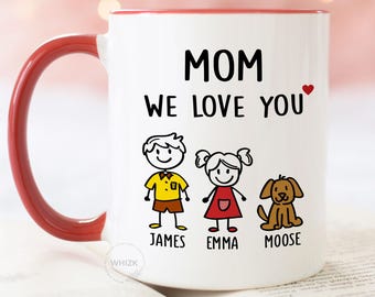 Personalized Mom Mug, Custom Mom Coffee Mug, Happy Mothers Day Mug From Daughter Son, Kids Names, Mama Mommy Stick Figure Cup Z001 J64