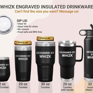 May include: Set of five black stainless steel insulated drinkware with engraved text "Designed by Whizk". Includes a 12 oz wine tumbler, 20 oz tumbler, 30 oz tumbler, 20 oz tumbler with handle, and a 32 oz insulated water bottle.