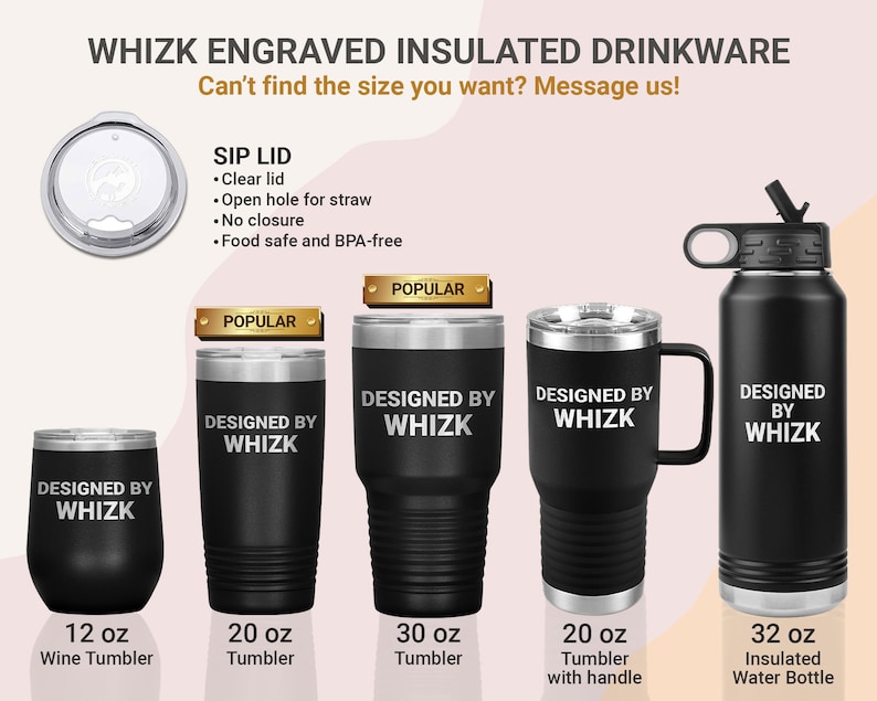 May include: Set of five black stainless steel insulated drinkware with engraved text "Designed by Whizk". Includes a 12 oz wine tumbler, 20 oz tumbler, 30 oz tumbler, 20 oz tumbler with handle, and a 32 oz insulated water bottle.