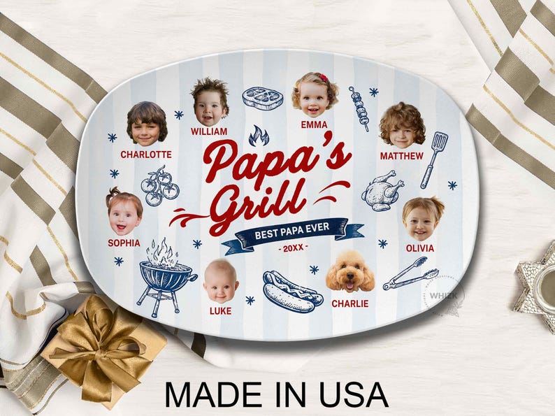 Papa's Grilling Plate, Personalized Papa Photo BBQ Platter With Kids Face, Grandpa Fathers Day Gift From Grandkids D048 J image 6