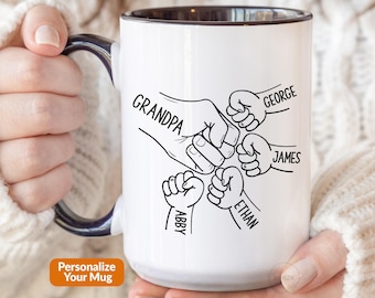 Taza "Abuelo Choca Puños", Taza con Nombres, Regalo para el Día del Padre de Nietos y Nietas, Taza de Café Personalizada para Papá P276