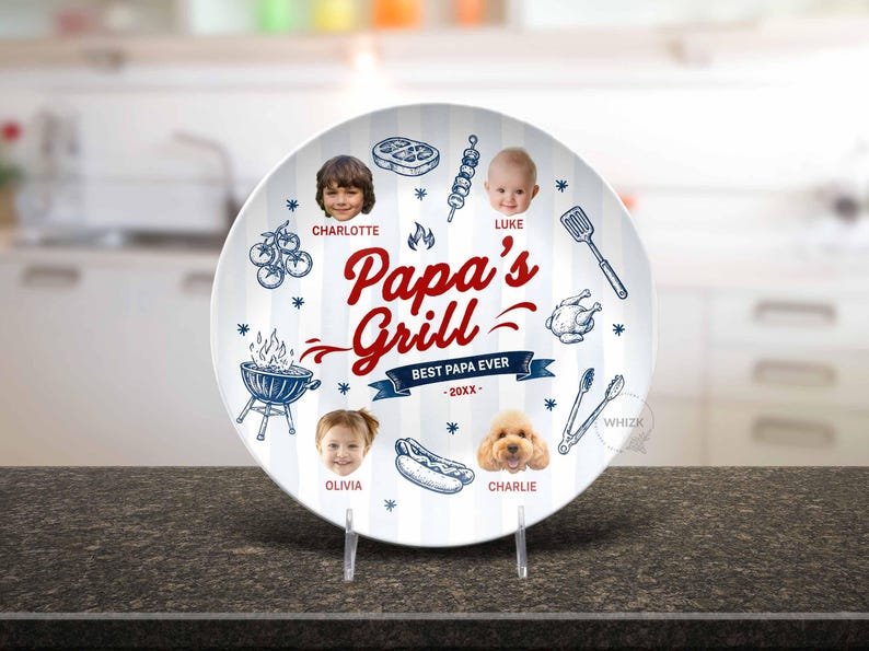 Papa's Grilling Plate, Personalized Papa Photo BBQ Platter With Kids Face, Grandpa Fathers Day Gift From Grandkids D048 J image 10